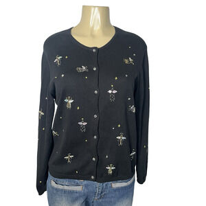 Vintage Lisa Z Sweater Cardigan Medium Black Angel Beaded 2000 Y2K UK Cotton